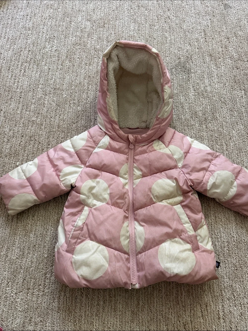 GAP Pink and Cream Polka Dot Puffer Jacket